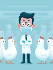 An epidemiologist wearing a mask stands confidently amidst a group of chickens, representing the forefront of poultry health research. 
