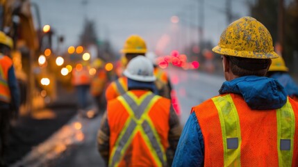 Professional photo showing highway maintenance workers wearing high-visibility orange reflective safety vests and yellow hard hats, working on road repairs with asphalt and machinery. 