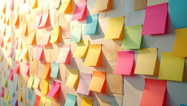 A textured wall is covered in a vibrant array of sticky notes. The notes are in various colors, arranged at different angles