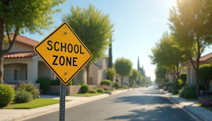 Yellow School Zone sign stands near road at neighbourhood. Residential houses appear in suburb on sunny day. Road markings caution drivers to slow speed.