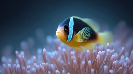 A vibrant clownfish gracefully swims, its striking colors, illuminated against an anemone, in a close-up underwater shot.