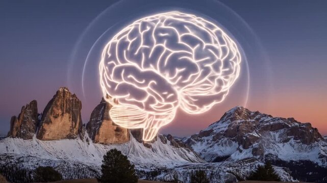Glowing brain over snow covered mountains at sunset conceptual illustration