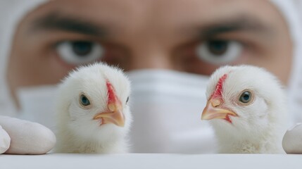 A Poultry Expert examines two chicks in a sterile setting, with a focus on health and husbandry. A poultry expert observes two adorable, fluffy baby chicks in a sterile environment.