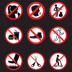 Collection of prohibition symbols, red and black warning icons in flat minimal style