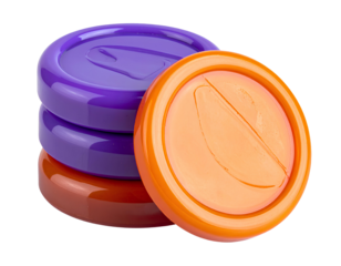 Stacks of Glossy Orange and Purple Game Tokens Isolated on Transparent Background.
