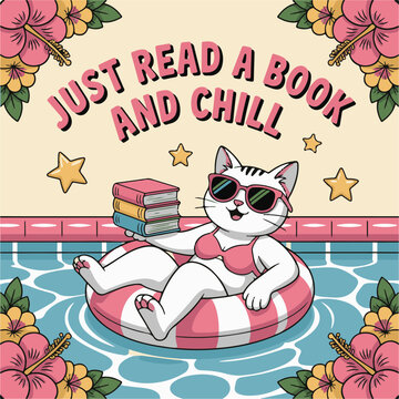 Vector art of a cute cat wearing sunglasses and a bikini floats on an inflatable ring in a swimming pool, reading a book