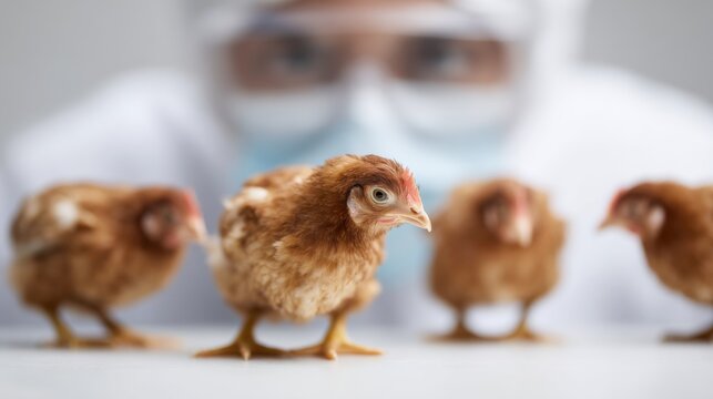 A scientist examines chickens, showcasing the delicate balance between science and agriculture. The scene portrays precision, innovation, and the significance of protecting our food sources.