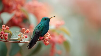 A small, iridescent hummingbird, perched delicately on a branch laden with vibrant blossoms. A perfect representation of beauty and serenity.