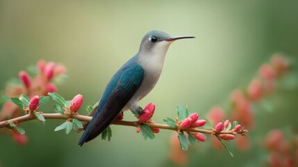 A close-up shot showcases the tiny hummingbird perched delicately on a branch adorned with vibrant blossoms. The details of the bird's feathers are visible.