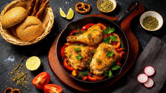 Delicious roasted chicken legs and thighs served in a cast iron skillet with bell peppers, herbs, and a side of bread rolls and pretzels