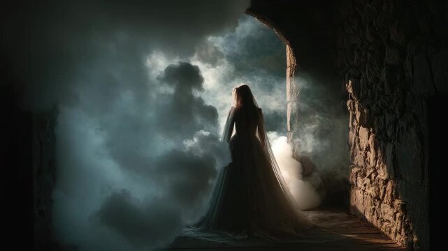 spooky bride ghost in old castle on halloween night animation