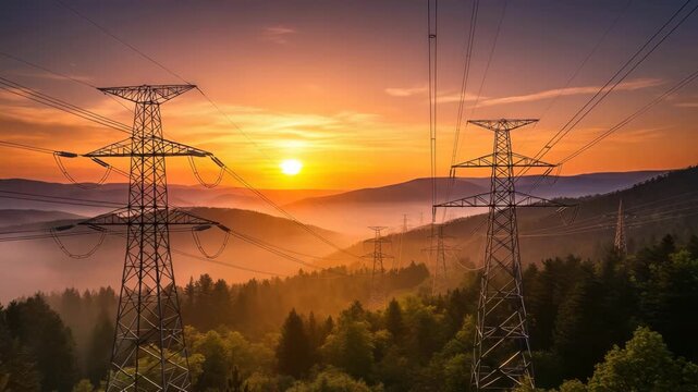 Golden sunset illuminating power lines stretching across a mountainous landscape with trees and fog in the valley