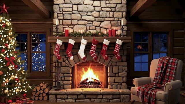 Quintessential Cozy Christmas Fireplace Scene in a Rustic Log Cabin with Stockings, Decorated Tree, and Glowing String Lights
