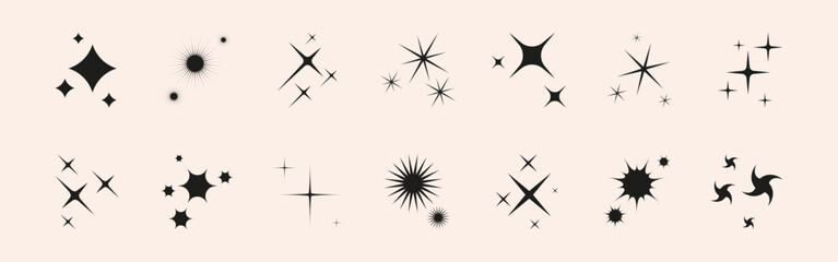 Set of icon glitter star, sparkle sun. Abstract shapes explosion, glow and blinking effects for celebrate party design. Twinkle shiny and flash graphic elements. Isolated vector illustrations.