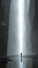 Man standing in a futuristic city with tall glowing buildings. Digital art portraying urban solitude and a sense of wonder in a sci-fi landscape.