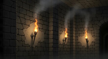 Dark stone dungeon corridor illuminated by flickering torches and smoke