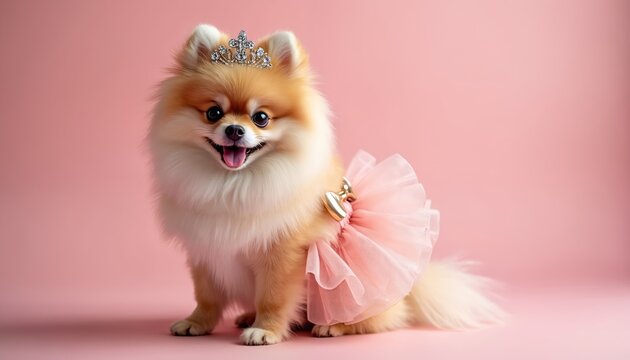 Pomeranian puppy sits on pink. Dog wears crown and tutu. Small fluffy pet poses in studio. Cute canine smiles happily. Adorable animal with cheerful expression looks at camera. Fashionable doggy.