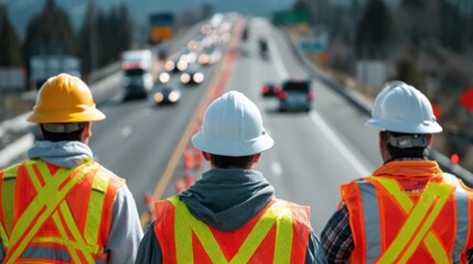Back view of highway construction workers in reflective vests and hard hats, a supervising engineer with a white helmet, all facing away, no faces shown, road maintenance scene