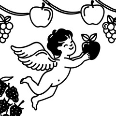 Naklejka premium Cupid cherub holding apple among fruits mythical angel character, black and white illustration, fantasy love, vintage art