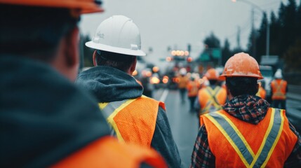 Back view of highway construction workers in reflective vests and hard hats, a supervising engineer with a white helmet, all facing away, no faces shown, road maintenance scene