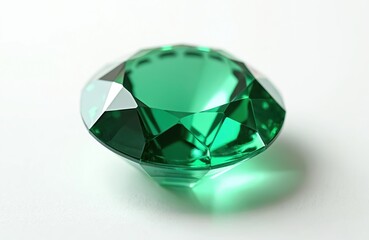 Fototapeta premium Emerald cut gem on white surface. Jewelry stone symbol of luxury. Green coloured precious stone, wealth, jewelry. Concept of gem, treasure, gift, million profit, richness, success.