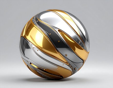 A three-dimensional orb with reflective metallic surfaces is positioned against a gradient grey background. Golden and silver segments adorn the sphere - Powered by Adobe