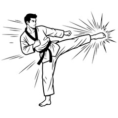 Martial artist with a black belt executing a powerful kick. Dynamic black and white vector illustration for a Taekwondo or Karate dojo logo or t-shirt.

