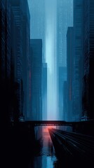 Futuristic city skyline with towering buildings and a bridge over a river, showcasing a digital matrix effect in the sky. Cyber cityscape concept.