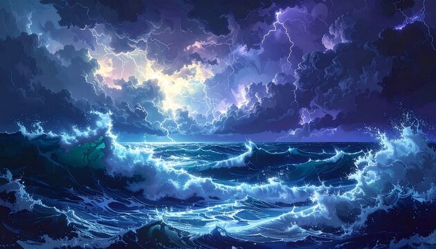 A digital art piece depicts a stormy seascape with towering waves crashing against each other under a dramatic, lit sky. Light streaks