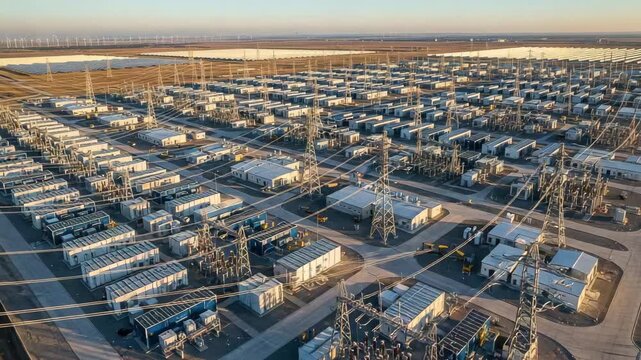 Aerial view of a vast electrical substation with solar panels and wind turbines in the background at daytime