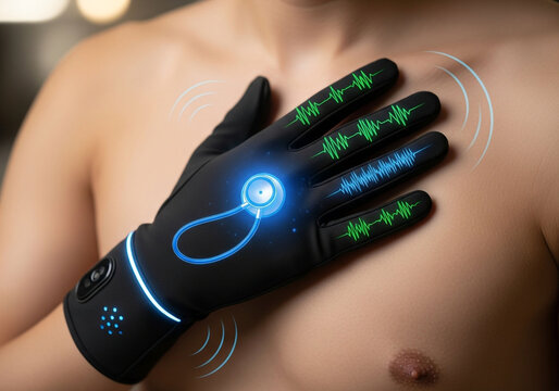 Close-up of a person wearing a futuristic black glove with glowing blue lights and green waveforms, monitoring health on their chest. - Powered by Adobe