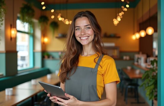 Smiling young woman in apron holds tablet. She is restaurant manager or server in modern cafe. Warm dining space features inviting lighting, green plants, and comfortable seating, ready for guests.