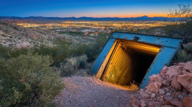 Abandoned guard post entrance overlooking urban night landscape - Powered by Adobe