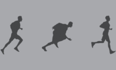 A male runner sprint is composed of particles on gray background. Abstract vector sports background.