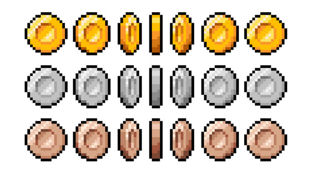 Pixel art coin icons. Pixelated vector illustration for animation. Retro 8 bit pixel assets for game