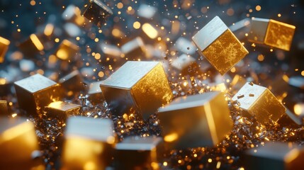 Abstract 3D Render of Gold Cubes Representing Trade Disruption
