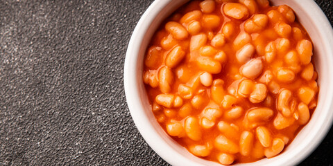 Beans tomato sauce vegetables dish natural product tasty snack fresh delicious gourmet food background on the table rustic top view copy space keto and paleo diet vegan and vegan food