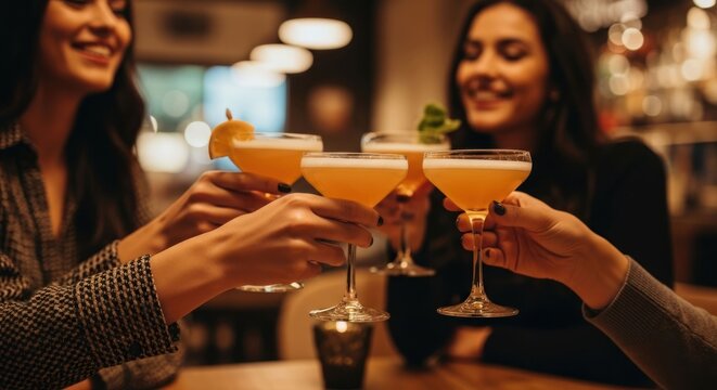 Friends toast with cocktails in a dimly lit bar, celebrating together