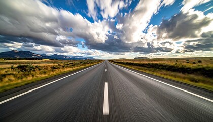 Naklejka premium Perspective View of an Empty Asphalt Road Stretching Towards Distant Mountains Under a Dramatic Cloudy Sky with Sun Rays Breaking Through