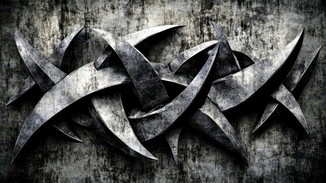 Abstract Metallic Angular Shapes with Rough Texture in Gray Tones