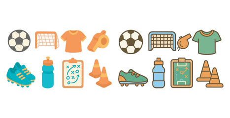 Sports equipment icons set – flat, soccer and exercise symbols in outline style