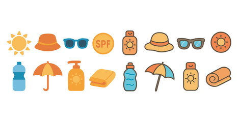 Summer essentials icons set &ndash; flat, filled, vacation and beach symbols