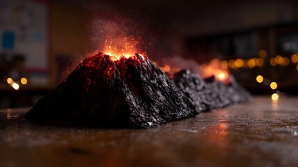 Naklejka premium A miniature volcano model erupts with glowing red lava and smoke against a softly blurred background of warm lights