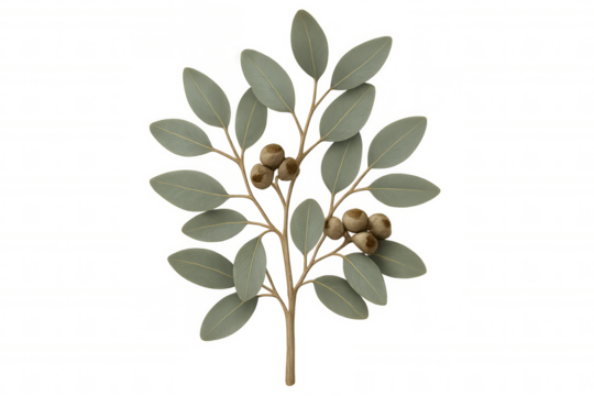 Eucalyptus tree branch featuring blue-green leaves and gumnuts, a native australian plant on transparent background - Powered by Adobe