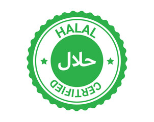Vector illustration showing a green circular halal certified badge with Arabic and English text. Ideal for Islamic product labels, halal food packaging, menus, and business branding