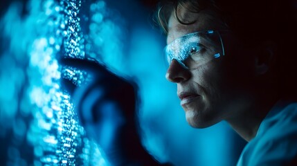 Scientist in protective glasses intently examines complex digital data displayed on a glowing blue screen