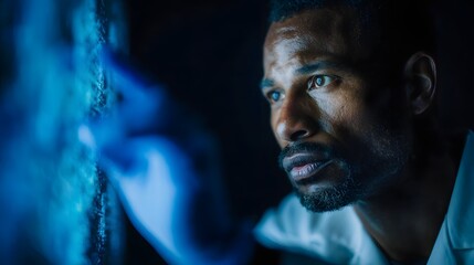 Focused researcher in lab coat examining glowing blue genetic data on a futuristic screen with gloved hand