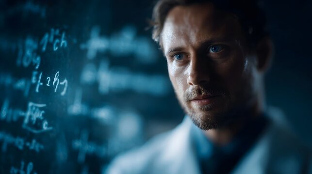 A focused scientist in a lab coat contemplates complex scientific formulas and equations written on a dark blackboard