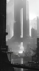 Gloomy cyberpunk city with towering futuristic building and misty river. Dark dystopian urban landscape, digital artwork for science fiction concept.