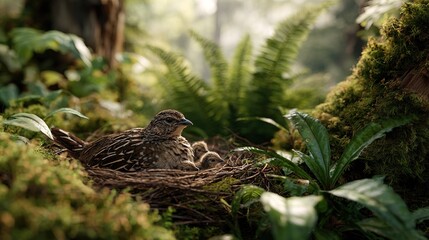Fototapeta premium A brown speckled mother bird nests with her young chicks in a natural twig nest surrounded by vibrant green moss ferns and dense foliage within a sunlit forest environment